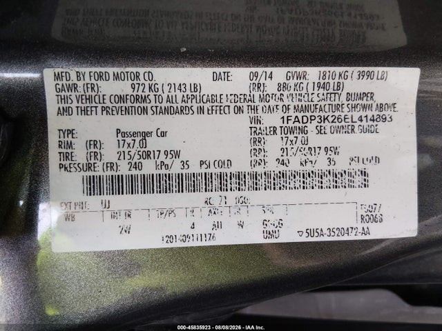 45835923 :رقم المزاد ، 1FADP3K26EL414893 vin ، 2014 Ford Focus Se مزاد بيع