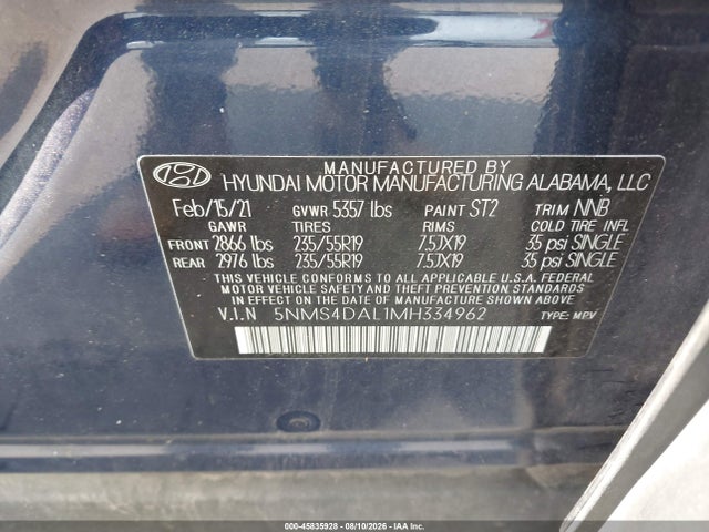 Продажа на аукционе авто 2021 Hyundai Santa Fe Limited, vin: 5NMS4DAL1MH334962, номер лота: 45835928