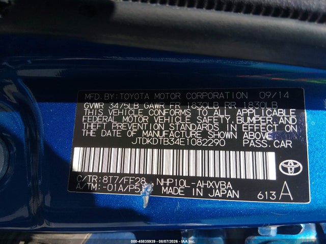 2014 Toyota Prius C Two მანქანა იყიდება აუქციონზე, vin: JTDKDTB34E1082290, აუქციონის ნომერი: 45835939