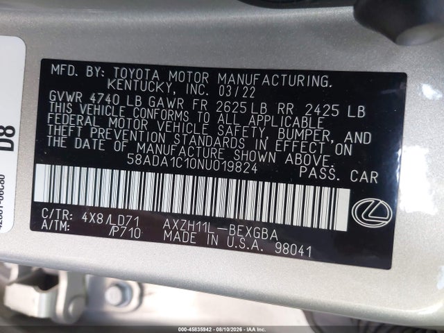 Aukcja sprzedaży 2022 Lexus Es 300h, vin: 58ADA1C10NU019824, numer aukcji: 45835942