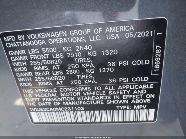 Aukcja sprzedaży 2021 Volkswagen Atlas Cross Sport 3.6l V6 Se W/technology, vin: 1V2JE2CA0MC231103, numer aukcji: 45835945