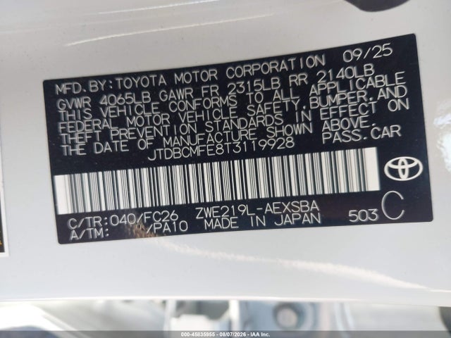 Продаж на аукціоні авто 2026 Toyota Corolla Hybrid Hybrid Se, vin: JTDBCMFE8T3119928, номер лоту: 45835955