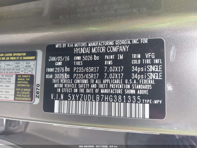 Aukcja sprzedaży 2017 Hyundai Santa Fe Sport 2.4l, vin: 5XYZUDLB7HG381335, numer aukcji: 45835956