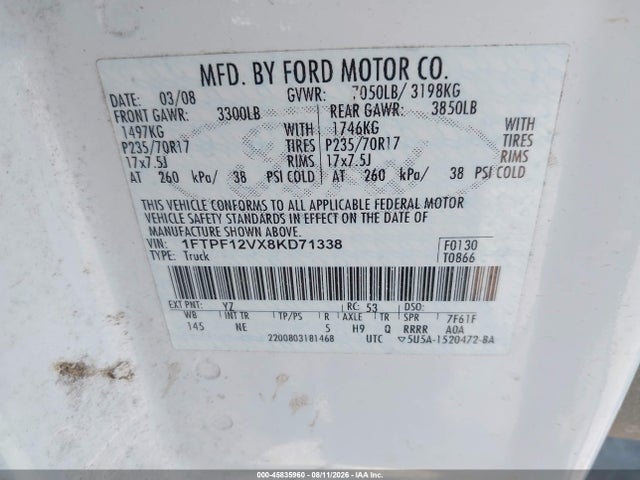 2008 Ford F-150 Fx2/xl/xlt მანქანა იყიდება აუქციონზე, vin: 1FTPF12VX8KD71338, აუქციონის ნომერი: 45835960