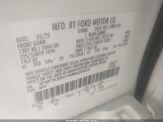 45835963 :رقم المزاد ، 3FMTK3SU1NMA26633 vin ، 2022 Ford Mustang Mach-e Premium مزاد بيع