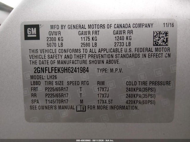 Продаж на аукціоні авто 2017 Chevrolet Equinox Lt, vin: 2GNFLFEK9H6241984, номер лоту: 45835965