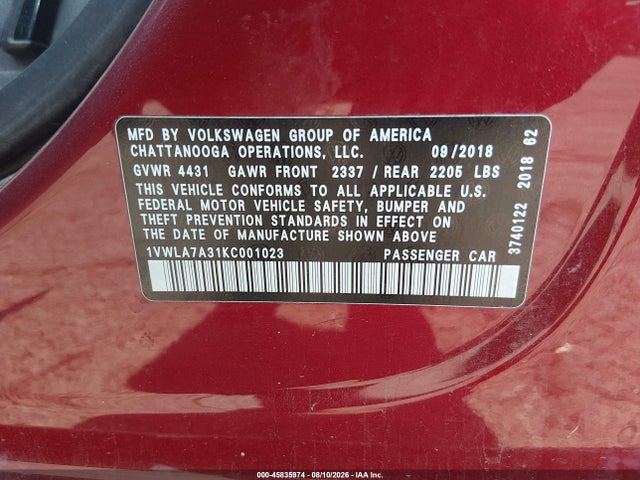 Aukcja sprzedaży 2019 Volkswagen Passat 2.0t Wolfsburg Edition, vin: 1VWLA7A31KC001023, numer aukcji: 45835974