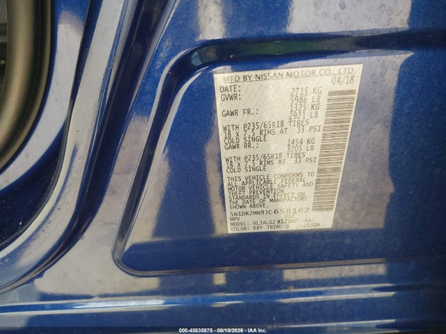 Продаж на аукціоні авто 2018 Nissan Pathfinder Sl, vin: 5N1DR2MN9JC658162, номер лоту: 45835975