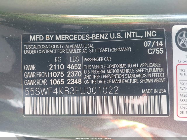 45835984 :رقم المزاد ، 55SWF4KB3FU001022 vin ، 2015 Mercedes-benz C 300 Sport 4matic مزاد بيع