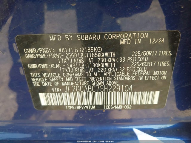Продажа на аукционе авто 2025 Subaru Crosstrek, vin: JF2GUABC7SH229104, номер лота: 45835995