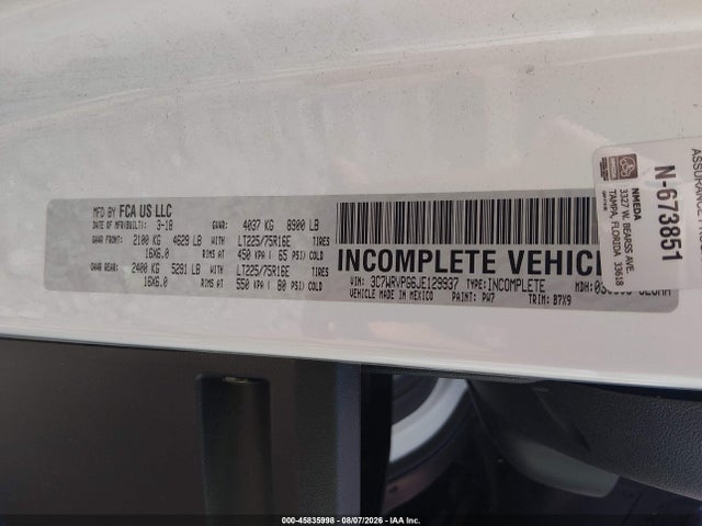 Продажа на аукционе авто 2018 Ram Promaster 2500 Window Van High Roof 159 Wb, vin: 3C7WRVPG6JE129937, номер лота: 45835998