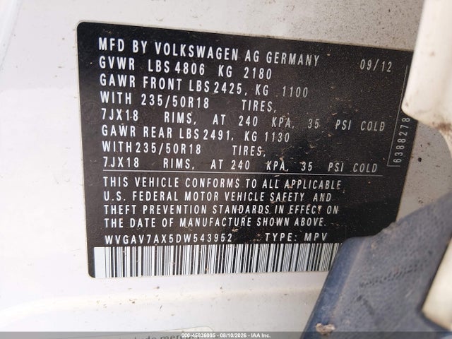 Продажа на аукционе авто 2013 Volkswagen Tiguan Se, vin: WVGAV7AX5DW543952, номер лота: 45836005