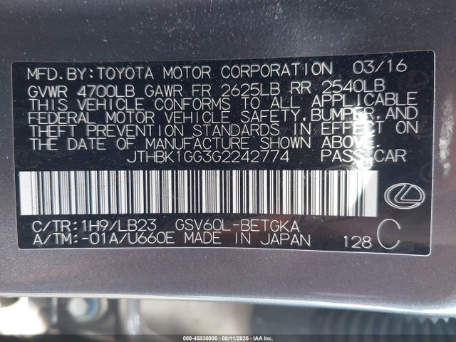 Lexus ES 350 2016 JTHBK1GG3G2242774 Image 9