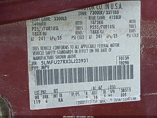 45836013 :رقم المزاد ، 5LMFU27RX3LJ23931 vin ، 2003 Lincoln Navigator مزاد بيع