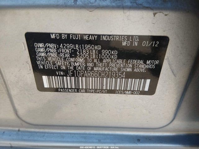 Aukcja sprzedaży 2012 Subaru Impreza 2.0i Sport Limited, vin: JF1GPAR66CH219354, numer aukcji: 45836015
