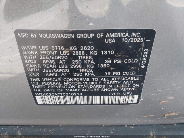Продажа на аукционе авто 2026 Volkswagen Atlas Cross Sport Sel R-line Black, vin: 1V2AC2CA7TC210219, номер лота: 45836018