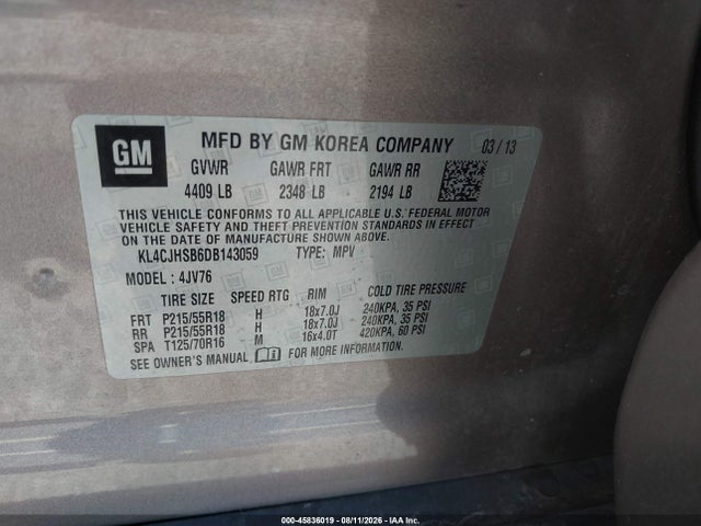2013 Buick Encore Premium მანქანა იყიდება აუქციონზე, vin: KL4CJHSB6DB143059, აუქციონის ნომერი: 45836019