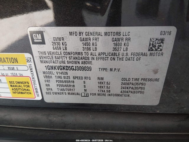 Chevrolet Traverse Lt 2016 1GNKVGKD5GJ309039 Image 9