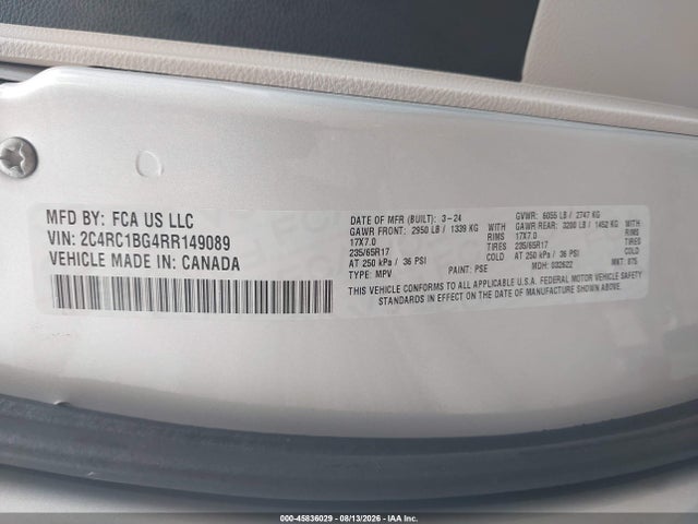 45836029 :رقم المزاد ، 2C4RC1BG4RR149089 vin ، 2024 Chrysler Pacifica Touring L مزاد بيع