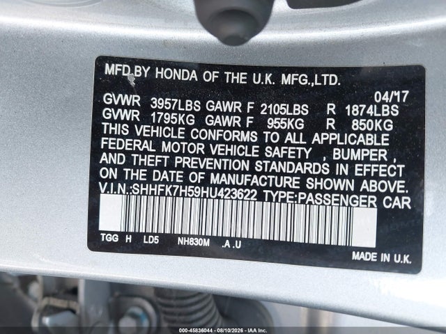 Honda CIVIC EX 2017 SHHFK7H59HU423622 Image 9