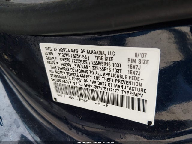 45836045 :رقم المزاد ، 5FNRL38717B117177 vin ، 2007 Honda Odyssey Ex-l مزاد بيع
