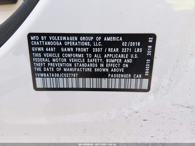 Продажа на аукционе авто 2018 Volkswagen Passat 2.0t Se, vin: 1VWBA7A39JC027797, номер лота: 45836046