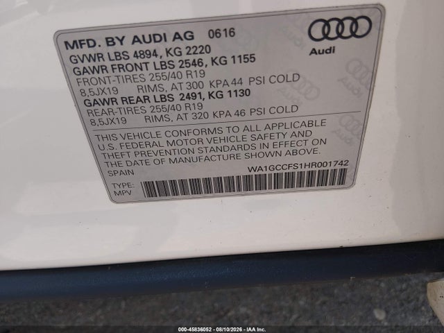 45836052 :رقم المزاد ، WA1GCCFS1HR001742 vin ، 2017 Audi Q3 2.0t Premium مزاد بيع