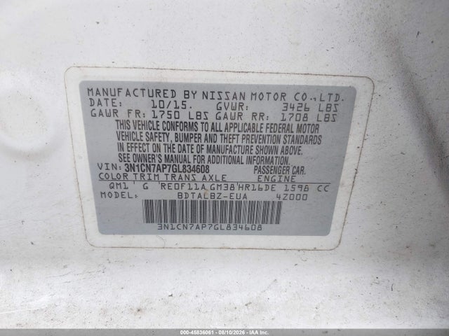 3N1CN7AP7GL834608 Nissan Versa 1.6 S/1.6 S+/1.6 Sl/1.6 Sv