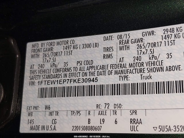 Aukcja sprzedaży 2015 Ford F-150 Xl, vin: 1FTEW1EP7FKE30945, numer aukcji: 45836062