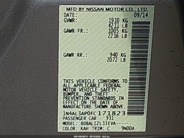Nissan Altima 2.5 Sv 2015 1N4AL3AP0FC171823 Image 9