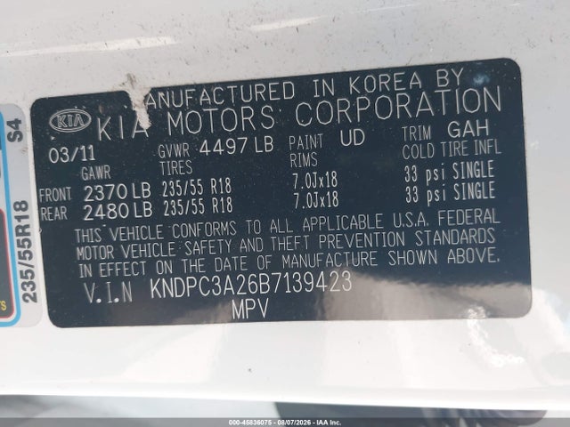 Продажа на аукционе авто 2011 Kia Sportage Ex, vin: KNDPC3A26B7139423, номер лота: 45836075