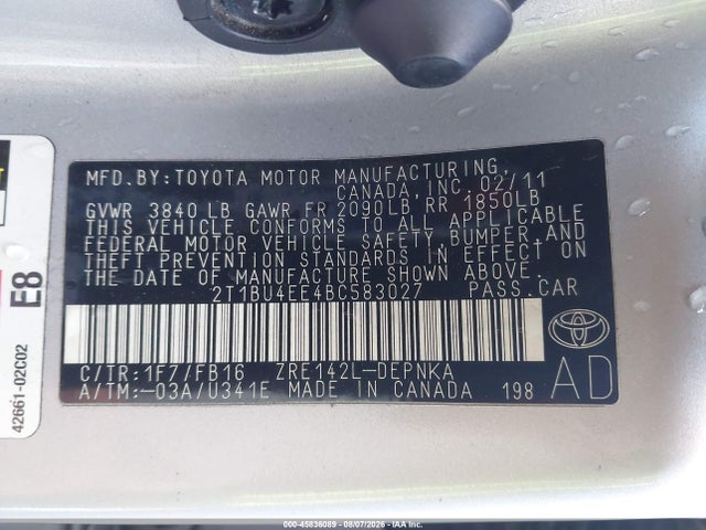 45836089 :رقم المزاد ، 2T1BU4EE4BC583027 vin ، 2011 Toyota Corolla S/le مزاد بيع