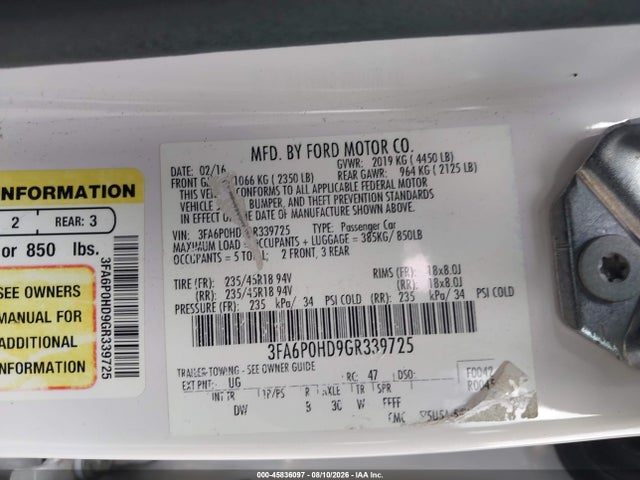 Ford FUSION SE 2016 3FA6P0HD9GR339725 Image 9