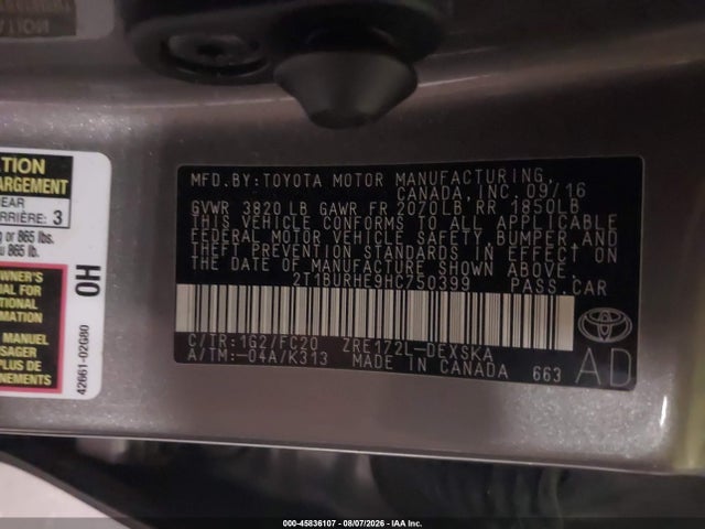 45836107 :رقم المزاد ، 2T1BURHE9HC750399 vin ، 2017 Toyota Corolla Se مزاد بيع