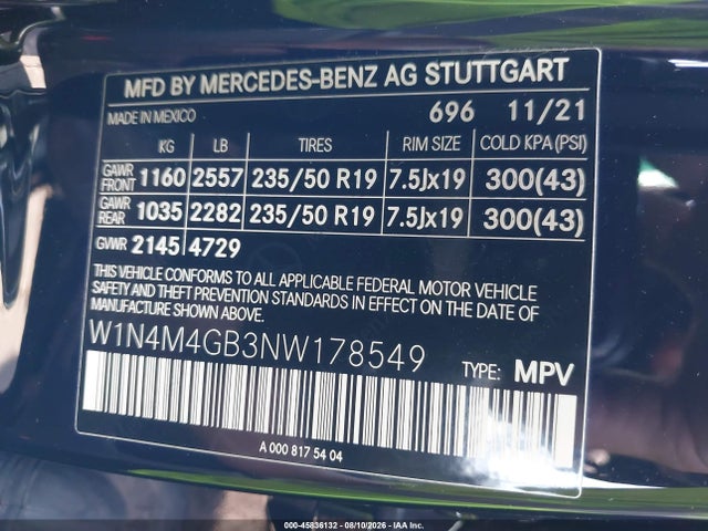 2022 Mercedes-benz Glb 250 მანქანა იყიდება აუქციონზე, vin: W1N4M4GB3NW178549, აუქციონის ნომერი: 45836132