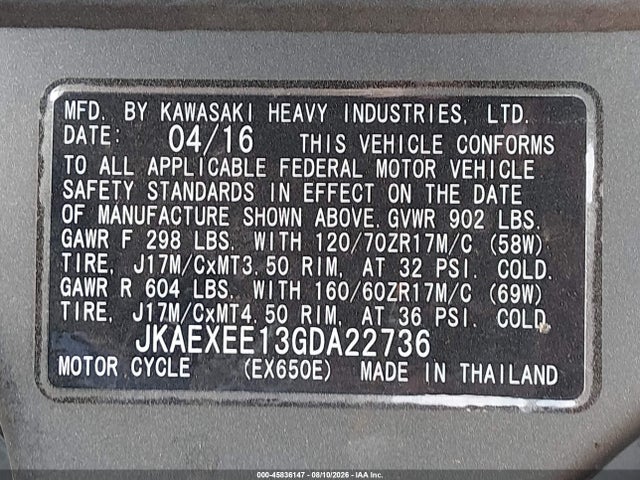 Aukcja sprzedaży 2016 Kawasaki Ex650 E, vin: JKAEXEE13GDA22736, numer aukcji: 45836147