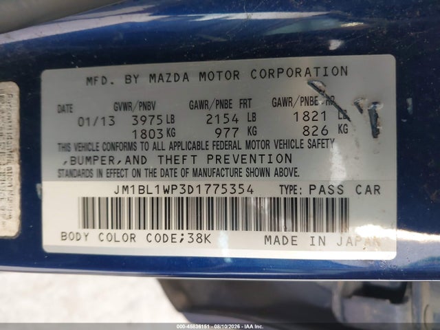 45836151 :رقم المزاد ، JM1BL1WP3D1775354 vin ، 2013 Mazda Mazda3 I Grand Touring مزاد بيع