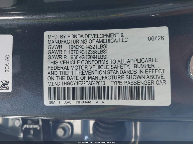 45836153 :رقم المزاد ، 1HGCY1F22TA042013 vin ، 2026 Honda Accord Lx مزاد بيع