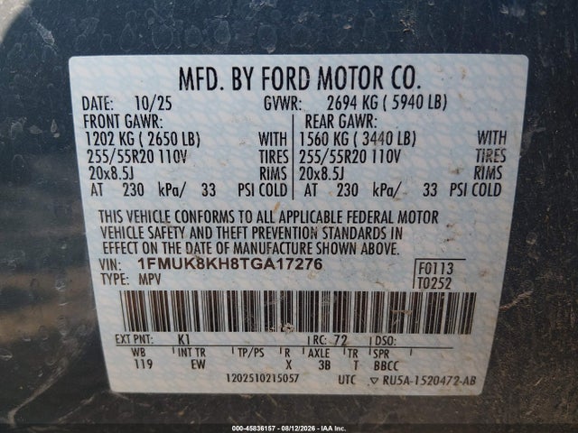 Aukcja sprzedaży 2026 Ford Explorer St-line, vin: 1FMUK8KH8TGA17276, numer aukcji: 45836157