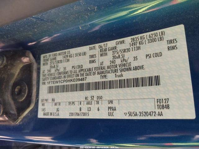 45836160 :رقم المزاد ، 1FTEW1CP0HKE09487 vin ، 2017 Ford F-150 Xl مزاد بيع