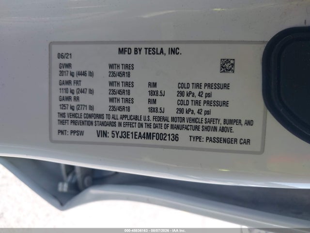 Aukcja sprzedaży 2021 Tesla Model 3 Standard Range Plus Rear-wheel Drive, vin: 5YJ3E1EA4MF002136, numer aukcji: 45836163