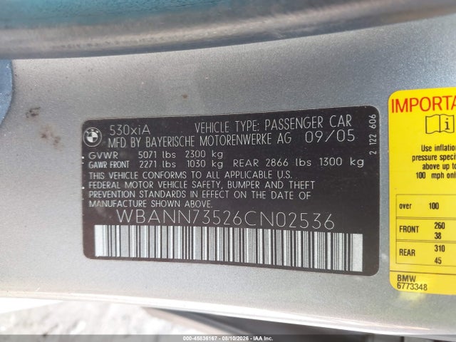 45836167 :رقم المزاد ، WBANN73526CN02536 vin ، 2006 Bmw 530xit مزاد بيع