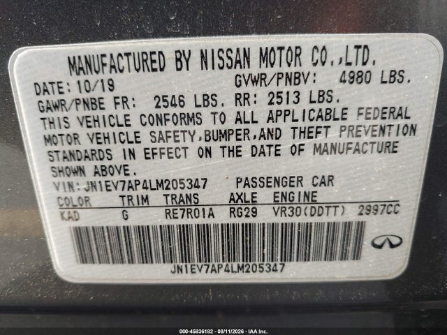 2020 Infiniti Q50 Luxe მანქანა იყიდება აუქციონზე, vin: JN1EV7AP4LM205347, აუქციონის ნომერი: 45836182