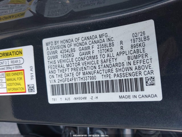 2HGFE4F81TH337990 Honda Civic Hybrid Sport/sport Touring