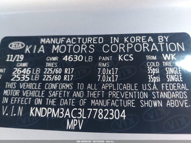 2020 Kia Sportage Lx მანქანა იყიდება აუქციონზე, vin: KNDPM3AC3L7782304, აუქციონის ნომერი: 45836186