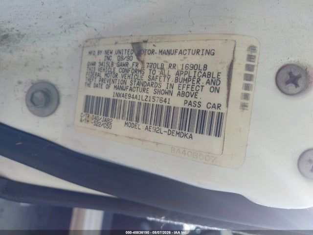 Продажа на аукционе авто 1990 Toyota Corolla Dlx, vin: 1NXAE94A1LZ157641, номер лота: 45836190