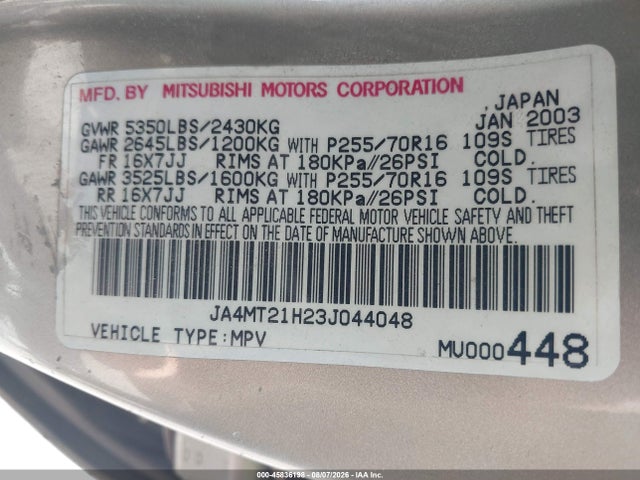 45836198 :رقم المزاد ، JA4MT21H23J044048 vin ، 2003 Mitsubishi Montero Sport Es/ls مزاد بيع