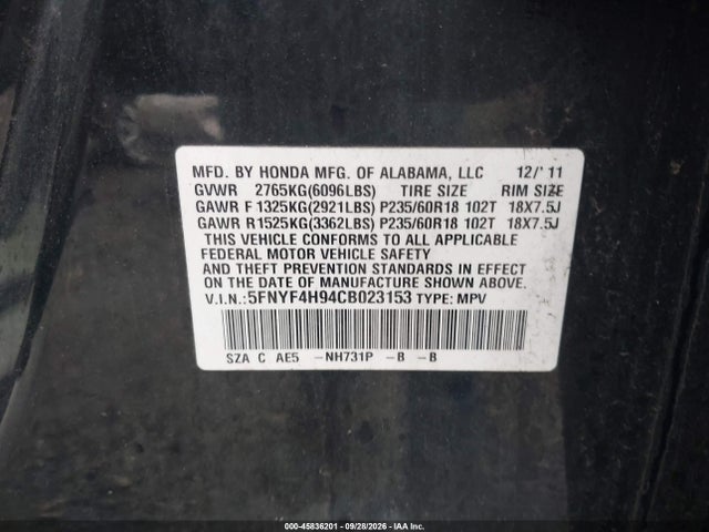 Aukcja sprzedaży 2012 Honda Pilot Touring, vin: 5FNYF4H94CB023153, numer aukcji: 45836201