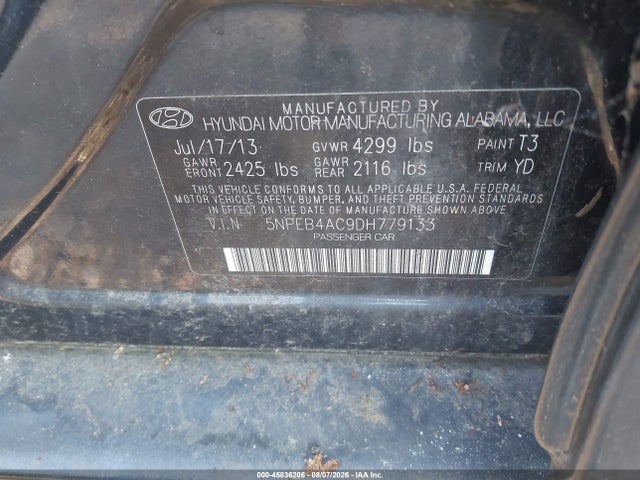 Aukcja sprzedaży 2013 Hyundai Sonata Gls, vin: 5NPEB4AC9DH779133, numer aukcji: 45836206