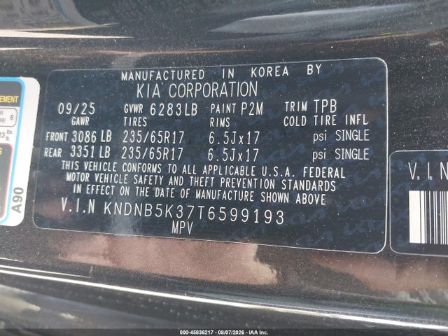 2026 Kia Carnival Mpv Lxs მანქანა იყიდება აუქციონზე, vin: KNDNB5K37T6599193, აუქციონის ნომერი: 45836217